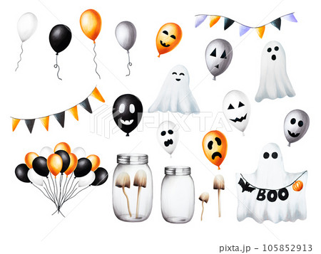 Watercolor Halloween illustrations with scary faces on baloons, festive flags, pumpkin, toadstools in a jar, ghosts. Hand painting orange, black, white balloon sketch isolated on white background. For Watercolor Halloween illustrations with scary faces on baloons, festive flags, pumpkin, toadstools in a jar, ghosts. Hand painting orange, black, white balloon sketch isolated on white background. For 105852913