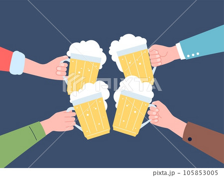 Hands cheers beer. Celebrating in bar, mates party or friday evening. Alcoholism concept. Flat friends fun in oktoberfest, toast recent vector scene Hands cheers beer. Celebrating in bar, mates party or friday evening. Alcoholism concept. Flat friends fun in oktoberfest, toast recent vector scene 105853005