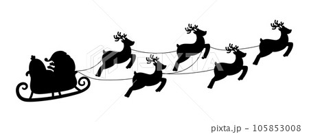 Black silhouette santa claus in trolley and deer. Christmas flying reindeer, xmas sticker graphic template for wall or glass, nowaday vector element 105853008
