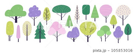 Cute doodle flat tree and bush. Eco silhouettes trees with colorful foliage. Minimal design forest elements, scandinavian racy vector graphic 105853016