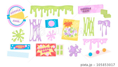 Gum splashes and pink slime, bubble gums sticky, chewing candies. Green splash, isolated blowing bubbles. Cartoon abstract racy vector clipart Gum splashes and pink slime, bubble gums sticky, chewing candies. Green splash, isolated blowing bubbles. Cartoon abstract racy vector clipart 105853017