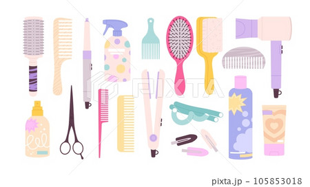 Cartoon hairdressing tools, cosmetics and equipment. Barbershop tool, brushes, scissors and hair dryer. Professional salon racy vector clipart Cartoon hairdressing tools, cosmetics and equipment. Barbershop tool, brushes, scissors and hair dryer. Professional salon racy vector clipart 105853018