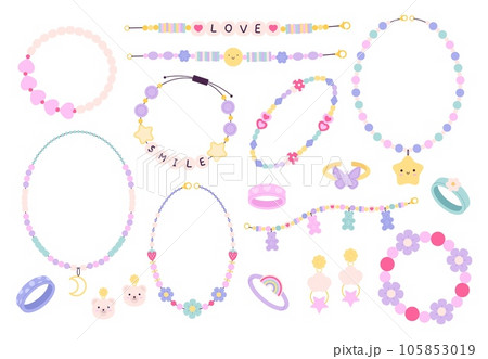 Hippy plastic beads, bracelets friendship. Diy bracelet and kids accessories. Craft handmade necklace, fashion children rings racy vector set Hippy plastic beads, bracelets friendship. Diy bracelet and kids accessories. Craft handmade necklace, fashion children rings racy vector set 105853019