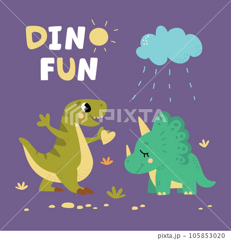 Dinosaurs poster for little baby fabric clothes. Funny dinos with cute cloud and heart. Friendship concept, kid monsters classy vector scene 105853020