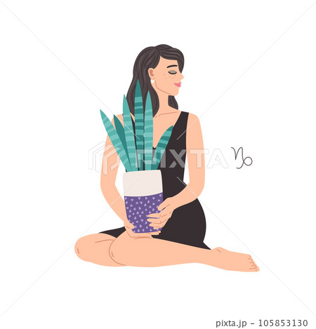 Zodiac sign Capricorn, beautiful woman with Sansevieria houseplant, horoscope astrology symbol 105853130