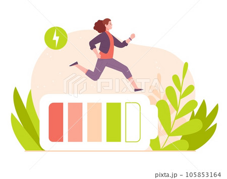 Vital energy charge. Active girl activate recharging vitality battery, healthy body level boost concept, tiredness woman business worker Vital energy charge. Active girl activate recharging vitality battery, healthy body level boost concept, tiredness woman business worker 105853164
