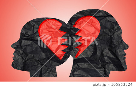 Silhouettes of female and male heads cut out of paper and a torn heart, symbolizing the concept of unhappy love Silhouettes of female and male heads cut out of paper and a torn heart, symbolizing the concept of unhappy love 105853324