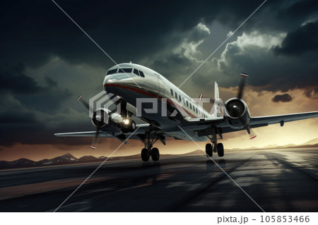 An airplane landing on runway. Commercial plane is landing. Impressive skies. Generative AI 105853466