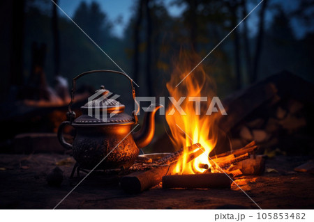 Vintage Coffee Pot On Camping Fire Stock Photo 1739629133