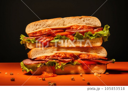 Sandwich with tasty ingredients of salami, tomato, lettuce and chess. Generative AI Sandwich with tasty ingredients of salami, tomato, lettuce and chess. Generative AI 105853518