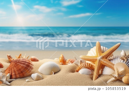 Sandy beach with collections of seashells and starfish as natural textured background. Generative AI Sandy beach with collections of seashells and starfish as natural textured background. Generative AI 105853519
