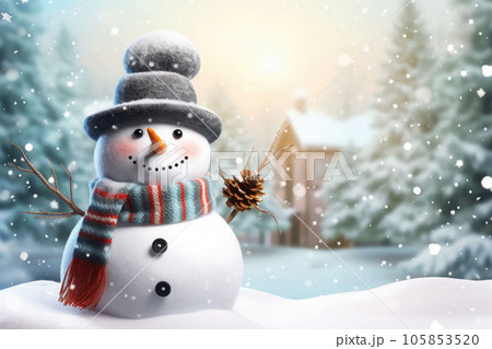 Happy decorated snowman in hat and scarf in winter snowy seasonal holiday. AI generated Happy decorated snowman in hat and scarf in winter snowy seasonal holiday. AI generated 105853520