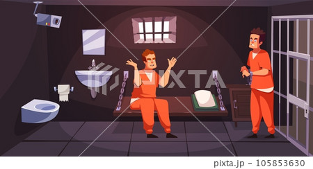 Prisoners in cell. Criminals serving punitive sentence, guys in orange jumpsuits, prison interior, bunk, bars and latrine. Life in jailhouse, arrested convict men tidy vector cartoon concept 105853630