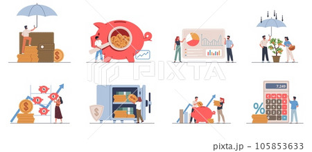 Financial management. Budget planning and financial literacy, people save, count and invest money, costs calculation, profit analysis, business concept, nowaday vector cartoon flat set Financial management. Budget planning and financial literacy, people save, count and invest money, costs calculation, profit analysis, business concept, nowaday vector cartoon flat set 105853633