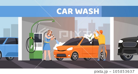Couple in car wash service. People take care from vehicle, application and washing off of soap foam, self cleaning, man and woman cleaning automobile, tidy vector cartoon flat concept 105853637