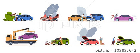 Accidents on road. Collided and overturned cars, vehicle hits pedestrian, traffic rules violation, engine caught fire, collision hitting an people. Nowaday vector cartoon flat set Accidents on road. Collided and overturned cars, vehicle hits pedestrian, traffic rules violation, engine caught fire, collision hitting an people. Nowaday vector cartoon flat set 105853642