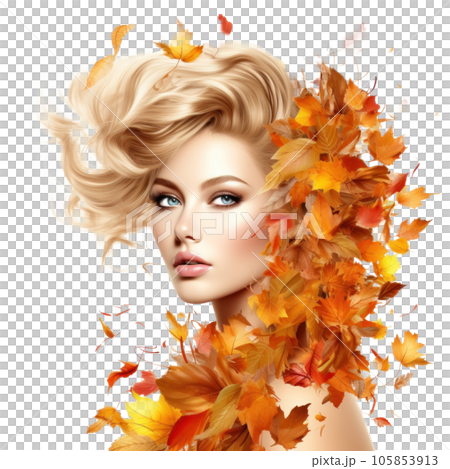 Autumn girl with falling leaves 105853913