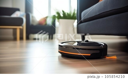 Smart Cleaning Robot Vacuum Cleaner on Laminate in the Living Room. Generative ai 105854210