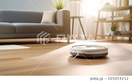Smart Cleaning Robot Vacuum Cleaner on Laminate in the Living Room. Generative ai 105854212