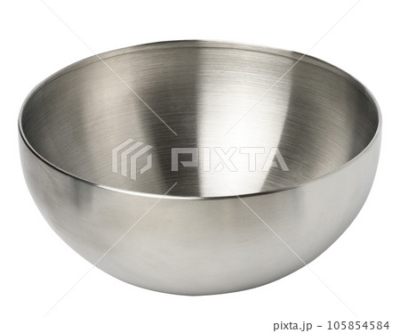 Deep stainless steel bowl on a white insulating background Deep stainless steel bowl on a white insulating background 105854584