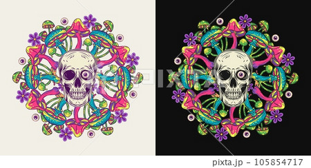Circular pattern with human skull, colorful mushrooms, chamomiles, eyeballs. Bright nature objects in neon colors. Concept of madness, craziness. Surreal illustration for groovy, psychedelic design Circular pattern with human skull, colorful mushrooms, chamomiles, eyeballs. Bright nature objects in neon colors. Concept of madness, craziness. Surreal illustration for groovy, psychedelic design 105854717