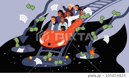 Scared people rushing in abyss on roller coaster. Financial crisis allegory. Economical collapse. Company bankruptcy. Businessmen falling into recession hole. Garish vector concept 105854825