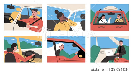 People in cars. Cartoon passengers and drivers. Men and women in vehicles salons. Look out window. Work on laptop. Highway travel. Automobile traffic. Auto transportation vector set 105854830