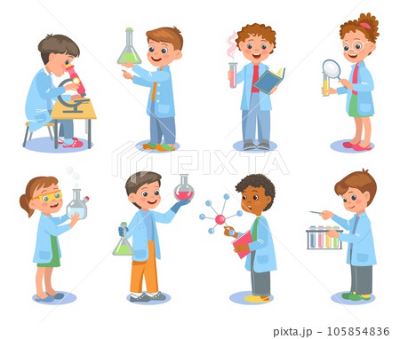 Little scientists. Kids in lab coats hold test tubes. Chemical flasks and beakers. Young chemists or biologists. Physicists scientific experiments. Laboratory research. Splendid vector set 105854836