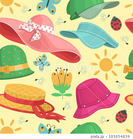 Hats and headgears seamless pattern. Cartoon summer wide brimmed panama. Caps and bowlers with ribbons. Straw boater. Flowers and butterflies. Beach headwear. Splendid vector background Hats and headgears seamless pattern. Cartoon summer wide brimmed panama. Caps and bowlers with ribbons. Straw boater. Flowers and butterflies. Beach headwear. Splendid vector background 105854839