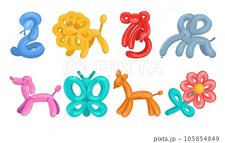 Color balloons in animals shape. Children inflatable toys. Air figures. Cartoon lion and snake. Helium inflated dog and elephant. Flower or monkey twisted forms. Splendid vector set Color balloons in animals shape. Children inflatable toys. Air figures. Cartoon lion and snake. Helium inflated dog and elephant. Flower or monkey twisted forms. Splendid vector set 105854849