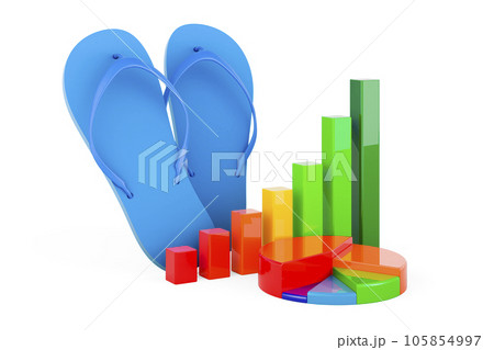 Blue flip-flops with growth bar graph and pie chart, 3D rendering Blue flip-flops with growth bar graph and pie chart, 3D rendering 105854997