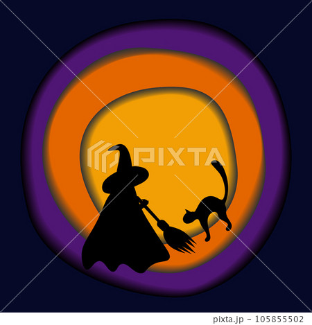 Halloween vector design in paper cut style with black witch and cat silhouette in trendy shades. EPS 105855502
