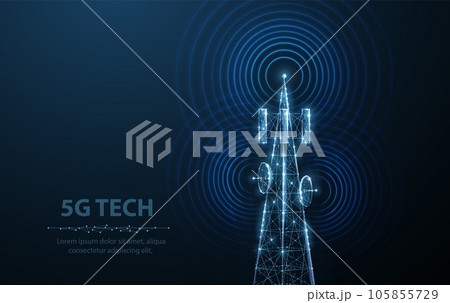 Abstract antenna mast on blue. 5G technology, telecommunication industry 105855729