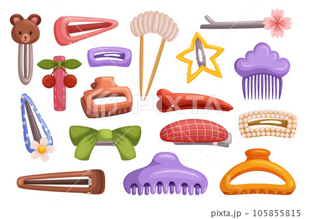 Hair Clips Isolated Set. Collection Of Functional Hairpins For Girls And Women, Perfect For Holding Hair In Place Hair Clips Isolated Set. Collection Of Functional Hairpins For Girls And Women, Perfect For Holding Hair In Place 105855815