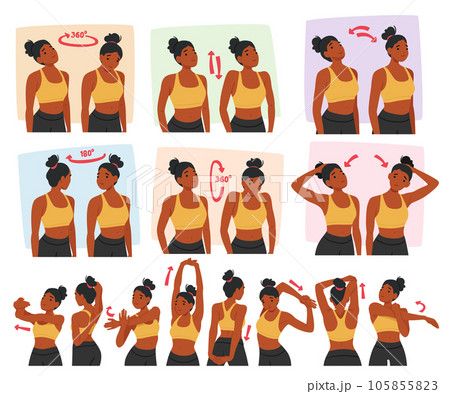 Woman Character Doing Neck And Shoulder Exercises, Including Neck Stretches, Shoulder Rolls, And Shrugs 105855823
