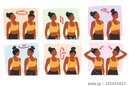 Woman Character Performing Neck Exercises, Gently Stretching And Rotating Her Neck To Improve Flexibility Woman Character Performing Neck Exercises, Gently Stretching And Rotating Her Neck To Improve Flexibility 105855827