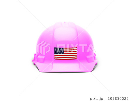 Pink Hardhat with an American Flag Decal on the Front Isolated on White Background. Pink Hardhat with an American Flag Decal on the Front Isolated on White Background. 105856023