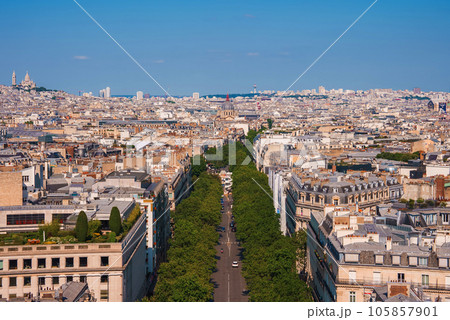 Bird's-eye view of Paris cityscape from the Eiffel Tower on a sunny day with blue sky. 105857901