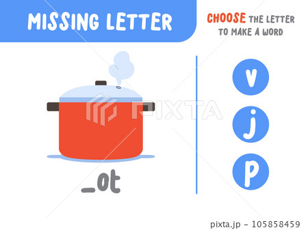 Missing letter (pot), the alphabet letter vocabulary game for kid. choose a letter to make the word. illustration cartoon vector design on white background. kid and study game concept. 105858459