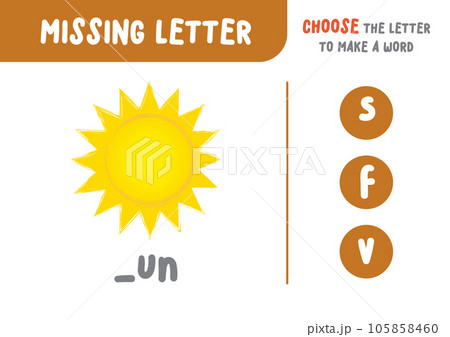 Missing letter (sun), the alphabet letter vocabulary game for kid. choose a letter to make the word. illustration cartoon vector design on white background. kid and study game concept. Missing letter (sun), the alphabet letter vocabulary game for kid. choose a letter to make the word. illustration cartoon vector design on white background. kid and study game concept. 105858460