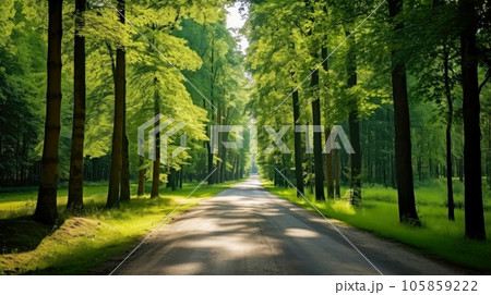 Path way through the autumnal forest natural way, road to the tropical forest field, relaxing with ecological environment, freedom lifestyle concept, Generative AI illustration 105859222