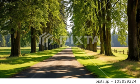 Path way through the autumnal forest natural way, road to the tropical forest field, relaxing with ecological environment, freedom lifestyle concept, Generative AI illustration 105859224