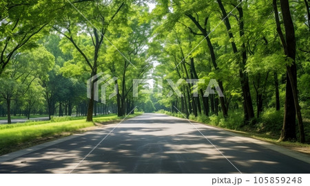 Path way through the autumnal forest natural way, road to the tropical forest field, relaxing with ecological environment, freedom lifestyle concept, Generative AI illustration 105859248