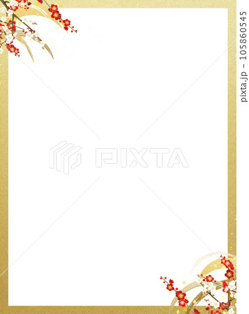 紅白の梅と波のシンプルな和風フレーム 105860545