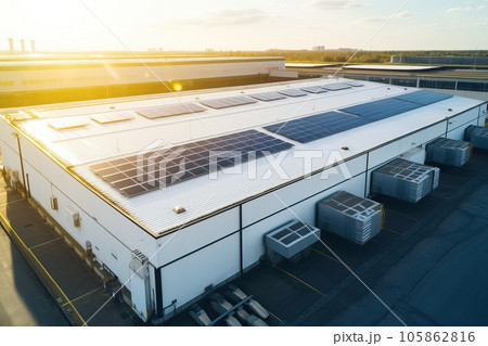Saving on electricity. Solar panels on the roof of a warehouse. Saving on electricity. Solar panels on the roof of a warehouse. 105862816