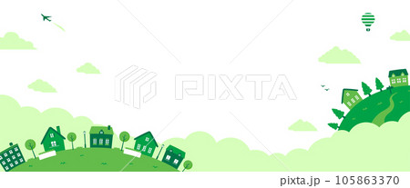 ポップな街並みのある惑星 横長バナーイラスト/ グリーン (背景なし) / 文字スペース ポップな街並みのある惑星 横長バナーイラスト/ グリーン (背景なし) / 文字スペース 105863370