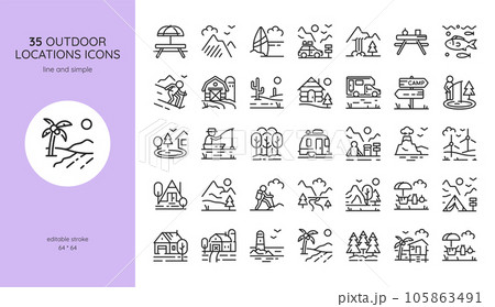 Outdoor Locations Icon Set. Nature and Mountain Scenes for Camping, Picnics, Hiking, Fishing and Trendy Glamping. Signs of Forests, Beaches, Mountains, Lakes, and Rivers with Editable Vector. Outdoor Locations Icon Set. Nature and Mountain Scenes for Camping, Picnics, Hiking, Fishing and Trendy Glamping. Signs of Forests, Beaches, Mountains, Lakes, and Rivers with Editable Vector. 105863491