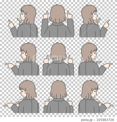 Young woman pointing in various directions with both hands (backwards, suit) Young woman pointing in various directions with both hands (backwards, suit) 105863726