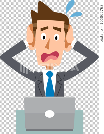 A businessman holding a head in front of a personal computer A businessman holding a head in front of a personal computer 105863768