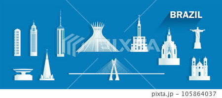 Travel landmarks Brazil with isolated silhouette architecture on blue background. 105864037